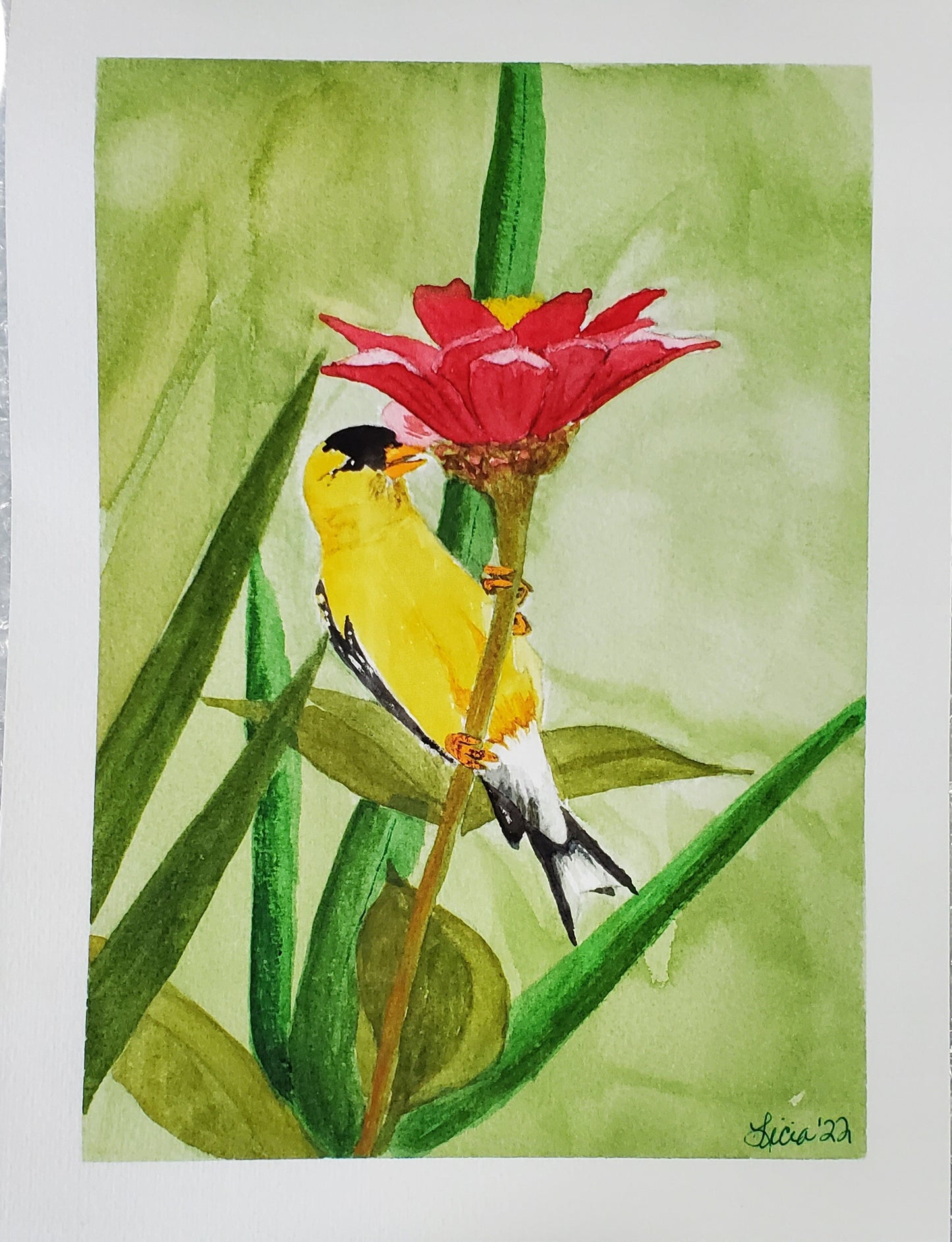 Yellow Bird with Red Flower